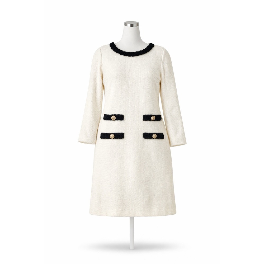 Tweed Shift Dress Women S White Gold Buttons Lined Preppy Old Money Long Sleeve